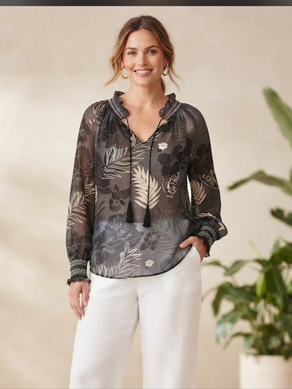 CAbi Black Floral Tie-Neck Blouse with Cream Leaf Accents
